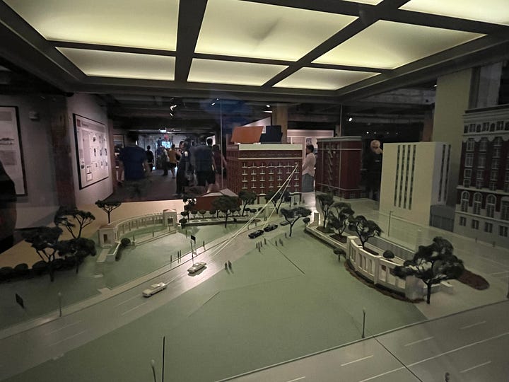 from left to right, top to bottom: inside the sixth floor window of the Texas School Book Depository; a model of Dealey Plaza made during the Warren investigation; the outside of the Texas School Book Depository building; the grassy knoll