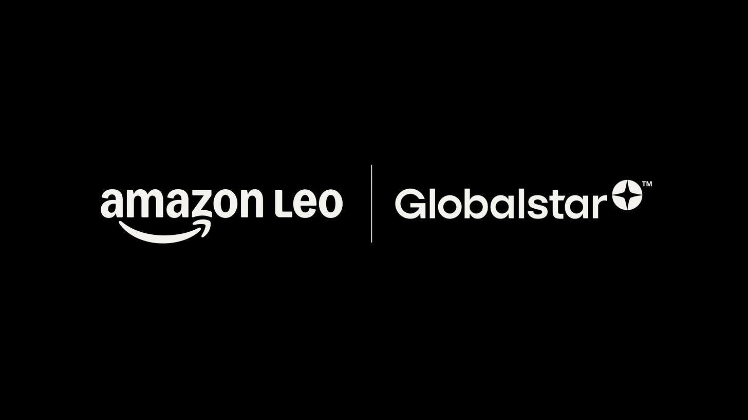 The Amazon Leo logo side-by-side the Globalstar logo, on a black background.
