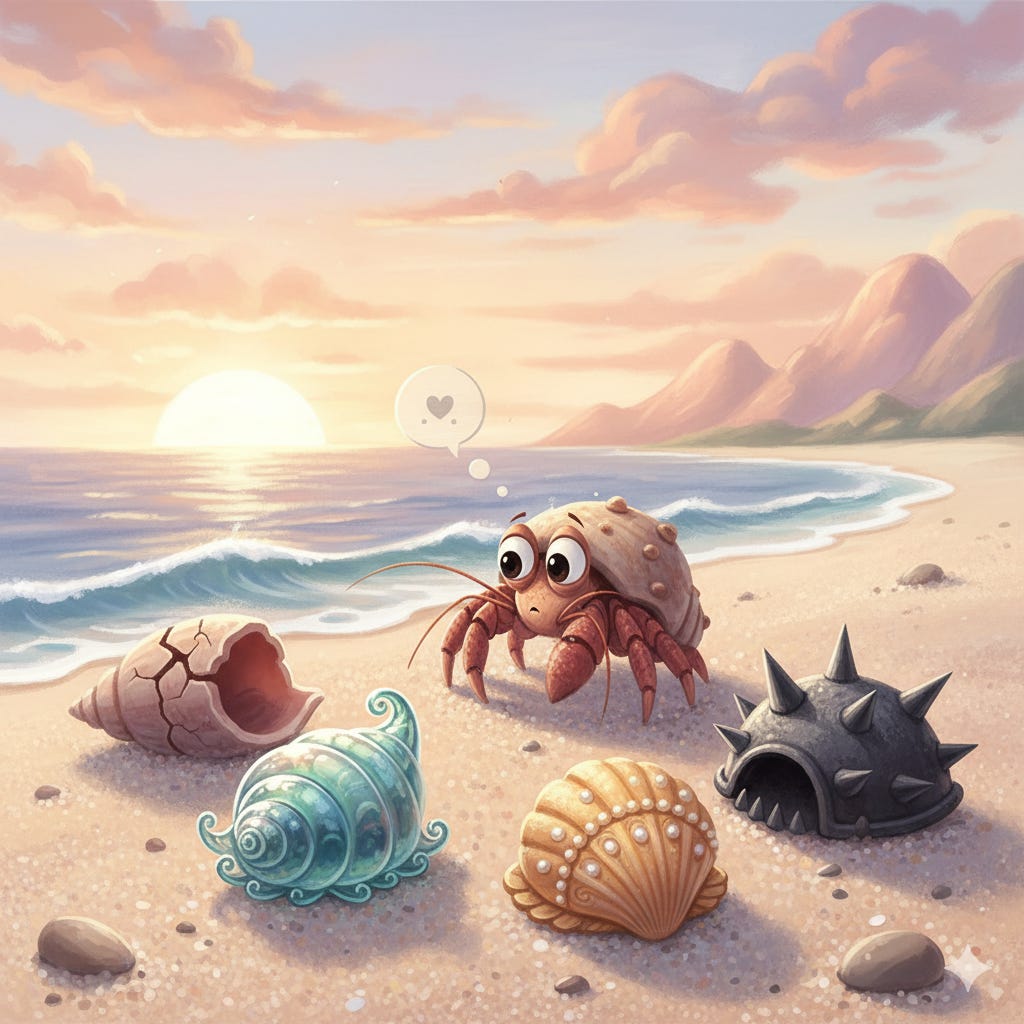 Cute hermit crab discovers different shells on a sunset beach.