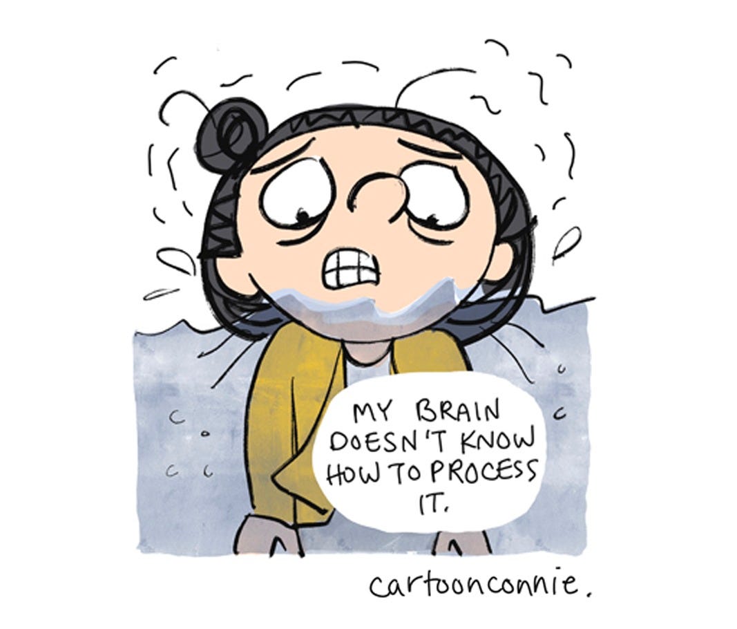 Illustrated excerpt from a 4-panel comic strip about weathering anxiety about change and disruption without A.I. chatbots, titled "The Temptation of A.I." by Connie Sun, cartoonconnie, 2026.