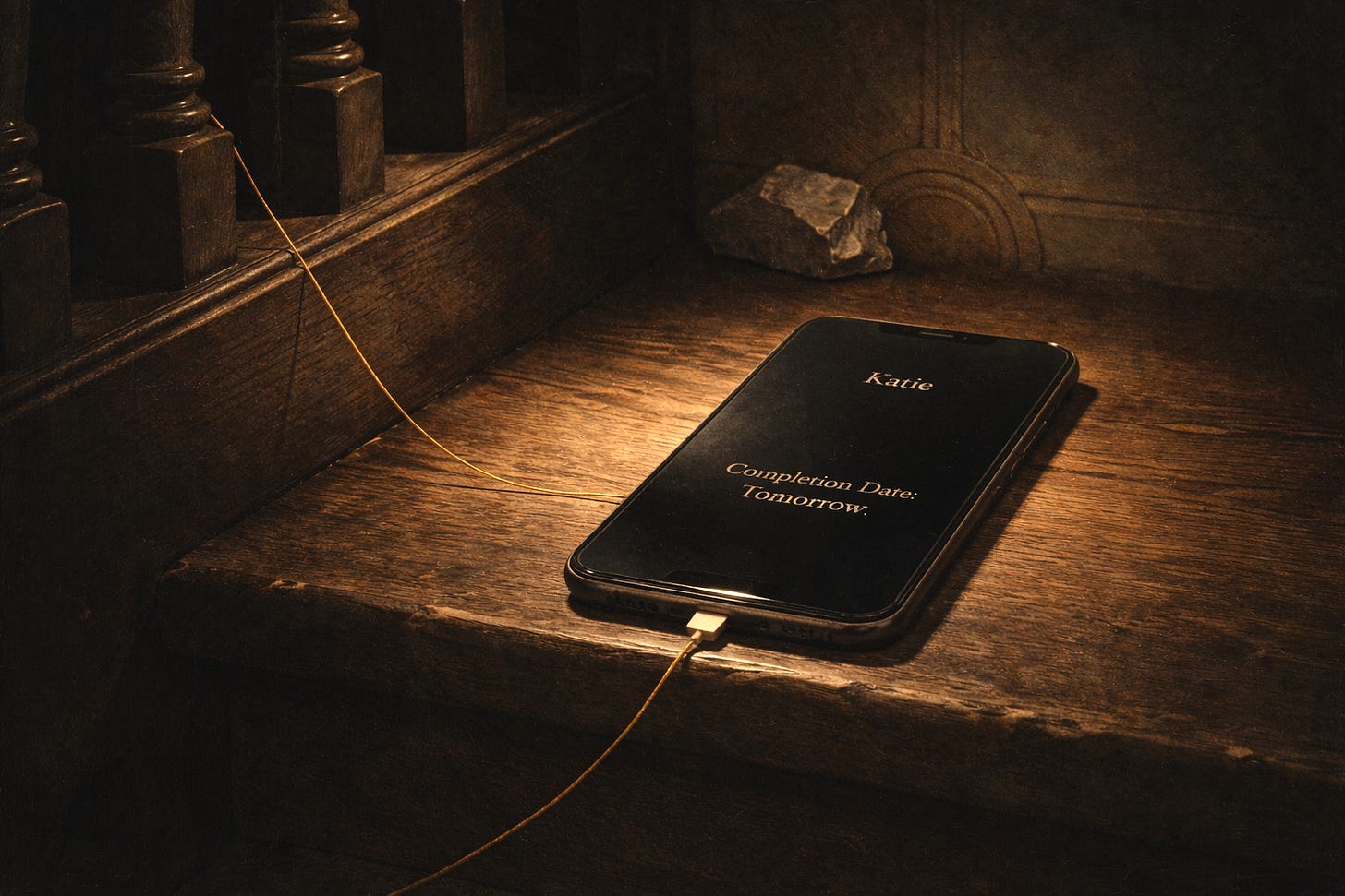 Oil-painted iPhone on a dim wooden stair landing displaying “Completion Date: Tomorrow,” a thin gold thread caught in the banister and trailing into the charging port under dramatic shadowed light. Oil-painted iPhone on a dim wooden stair landing displaying “Completion Date: Tomorrow,” a thin gold thread caught in the banister and trailing into the charging port under dramatic shadowed light.
