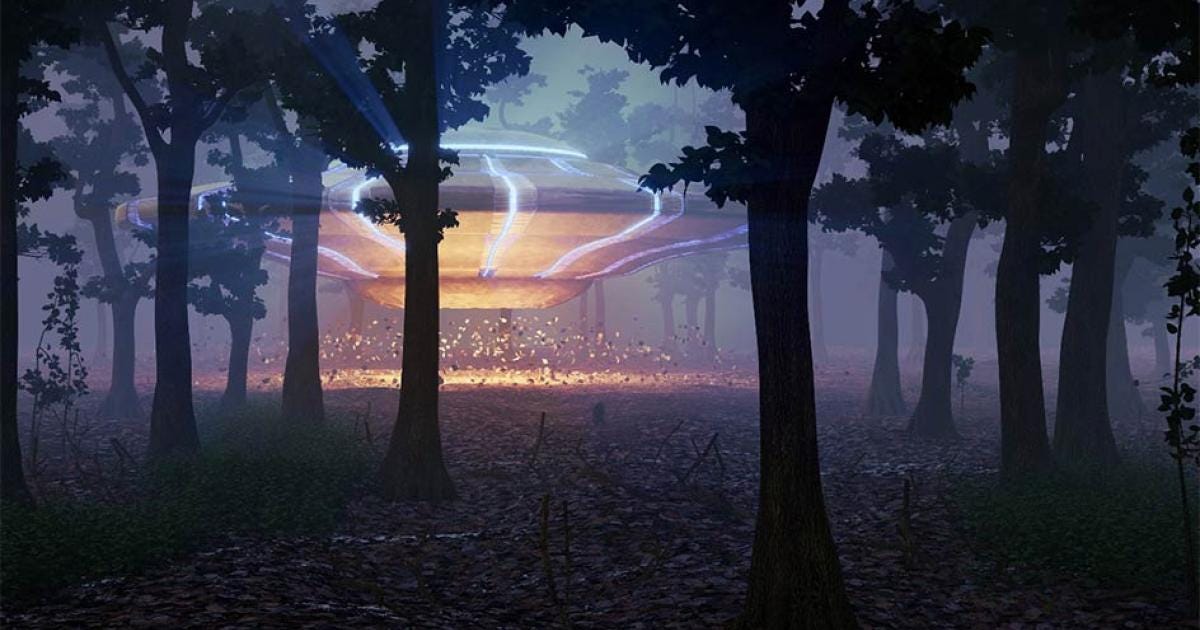 UFO landing in the forest at night: This is the story of the Rendlesham Forest UFO sightings!   Source: dottedyeti / Adobe Stock