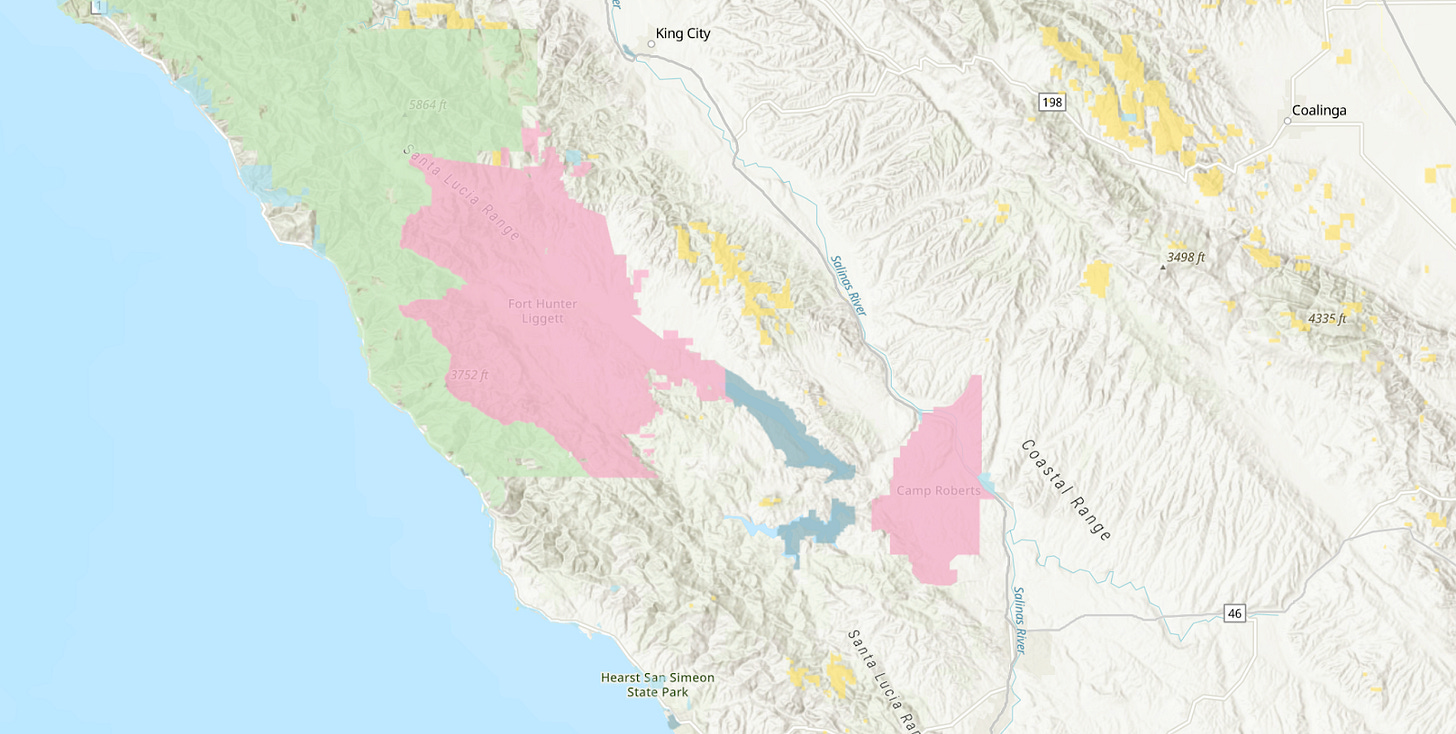 A map of the Central Coast of California showing the location of Fort Hunter Liggett. A map of the Central Coast of California showing the location of Fort Hunter Liggett.