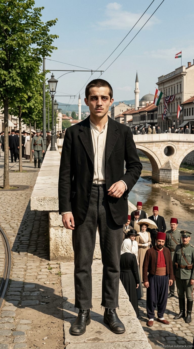 same subject next scene in 9x16 format - Historical photographic recreation of a documented scene from June 28 1914 Sarajevo Bosnia-Herzegovina Austro-Hungarian Empire  Gavrilo Princip takes his assigned position along the Appel Quay near th_image_1