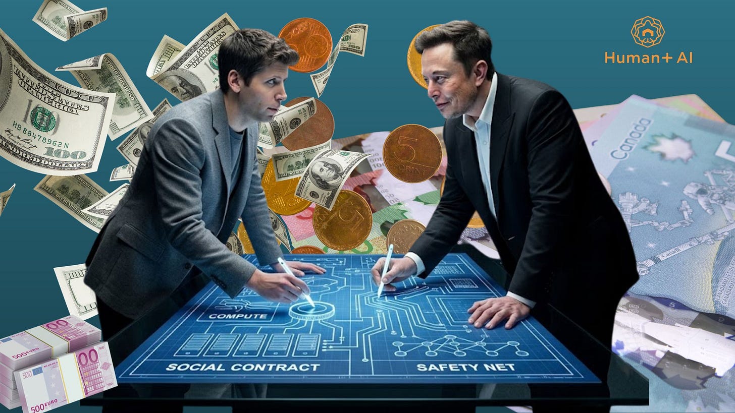 Collage illustration for Human+AI visualizing the future of the AI economy. OpenAI CEO Sam Altman and Elon Musk are shown designing a global "Safety Net" and "Social Contract" on a digital blueprint table. Floating international currencies (US dollars, Euros, and Canadian bills) symbolize the immense wealth redistribution and productivity gains at the heart of their competing proposals. This visual asks who should design the financial infrastructure for an automated society.