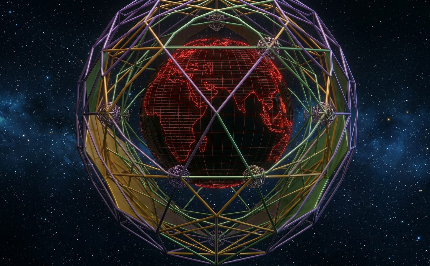 A detailed digital rendering of a nested, multi-layered geometric cage structure in deep space, enclosing a red wireframe model of the Earth showing Africa, Europe, and Asia. The intricate cage features gold, green, and purple struts with translucent green panels, all set against a colorful starry nebula background.