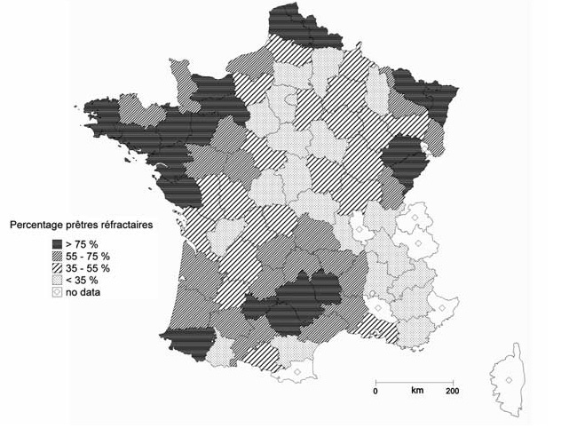 Map in French of departments of France with grayscale and pattern mapping with indications for percentage of "refractory" priests by department broken into more than 75%, 55-75%, 35-55%, and less than 35%.