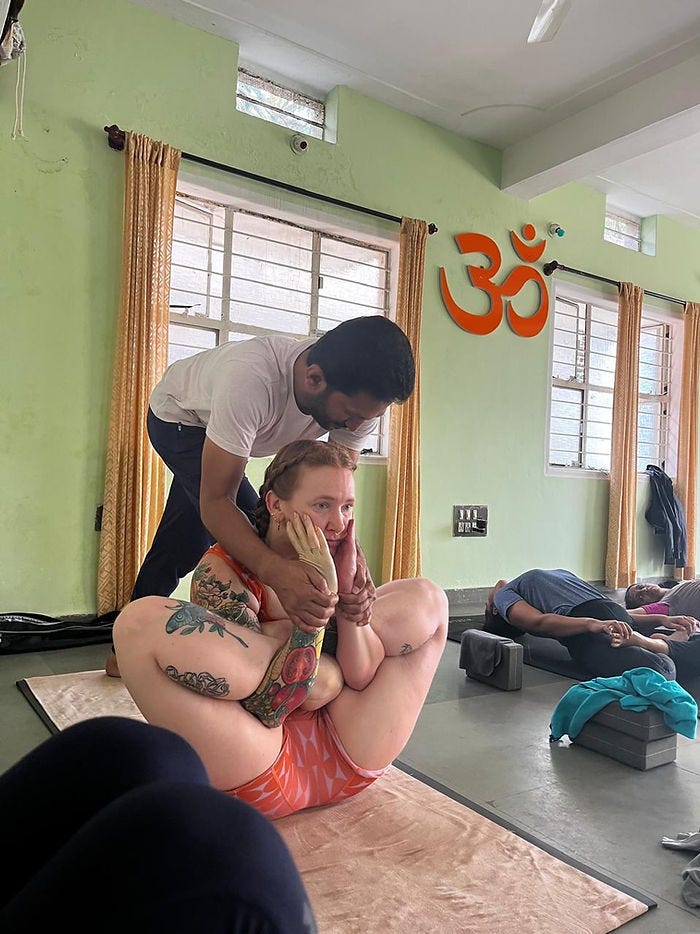 My old friend Garbha Pindasana, with help from my dear teacher, Chidandanda Ji