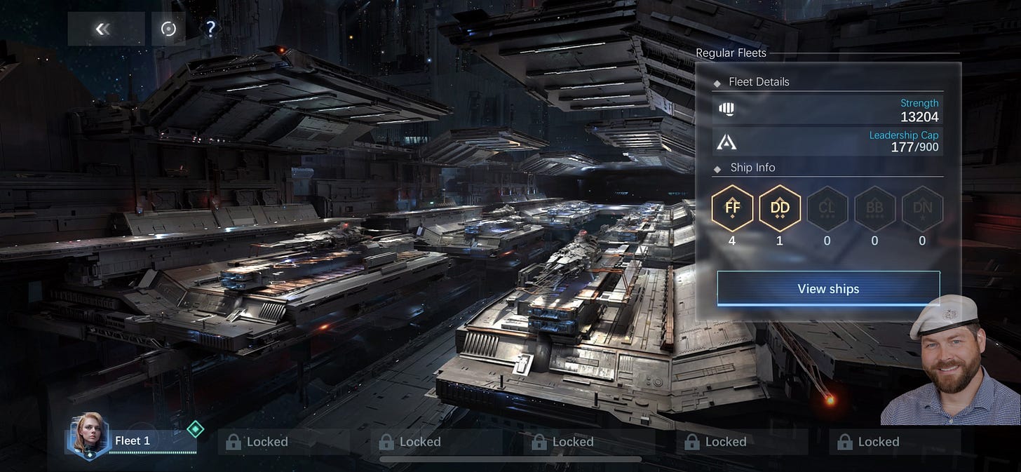 A sci‑fi space strategy game screen showing multiple large metallic warships docked inside a futuristic space station hangar. On the right, a “Regular Fleets” panel displays “Fleet Details” with Strength 13204, Leadership Cap 177/900, ship type icons (FF 4, DD 1, others 0), and a “View ships” button; the bottom bar shows “Fleet 1” with a female avatar and several locked fleet slots. A sci‑fi space strategy game screen showing multiple large metallic warships docked inside a futuristic space station hangar. On the right, a “Regular Fleets” panel displays “Fleet Details” with Strength 13204, Leadership Cap 177/900, ship type icons (FF 4, DD 1, others 0), and a “View ships” button; the bottom bar shows “Fleet 1” with a female avatar and several locked fleet slots.