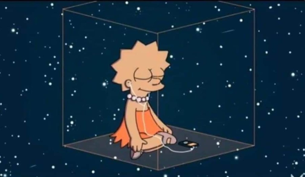 Lisa Simpson sits cross-legged in an invisible cube, listening to an iPod against a background of the universe
