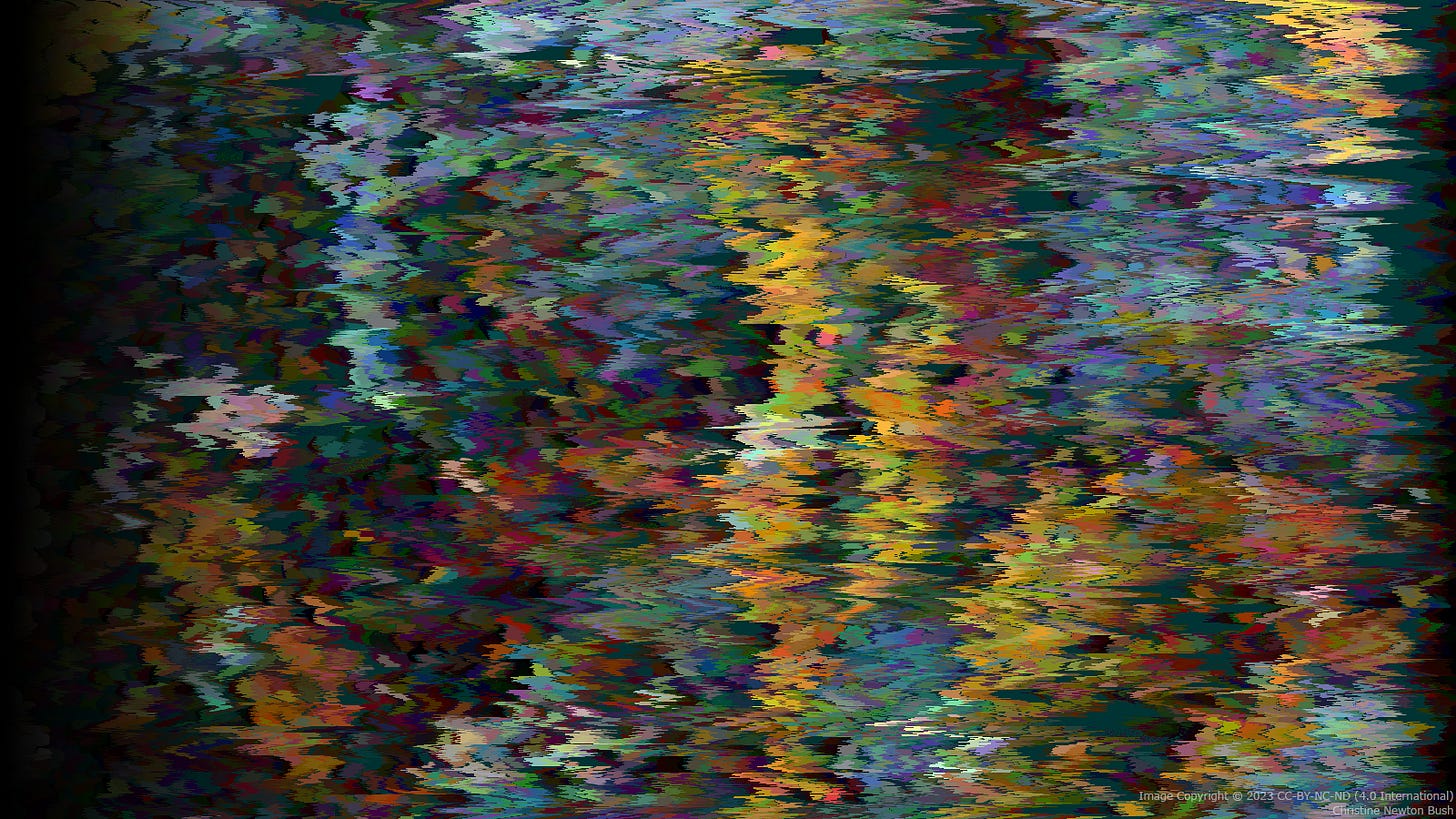 Treatment of Paul Gauguin painting. A liquid composition of bright colors fading into black on the left.