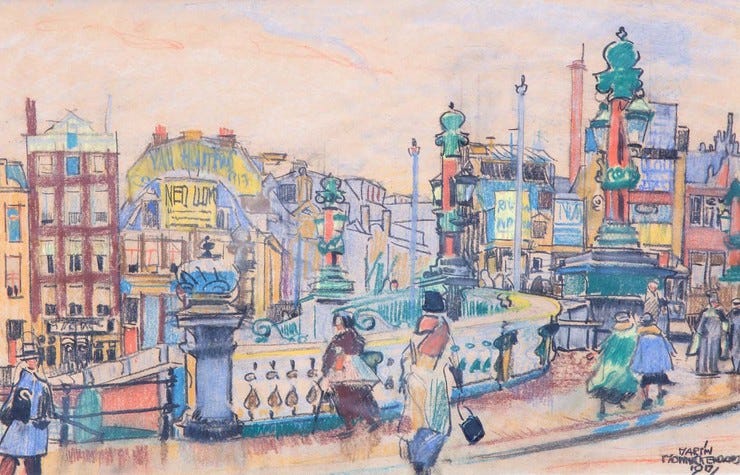 'Gezicht op de Blauwbrug gezien naar de Amstelstraat' - pastel: Martin Monnickendam (Veilinggebouw De Zwaan, kavel 4605) 'Gezicht op de Blauwbrug gezien naar de Amstelstraat' - pastel: Martin Monnickendam (Veilinggebouw De Zwaan, kavel 4605)