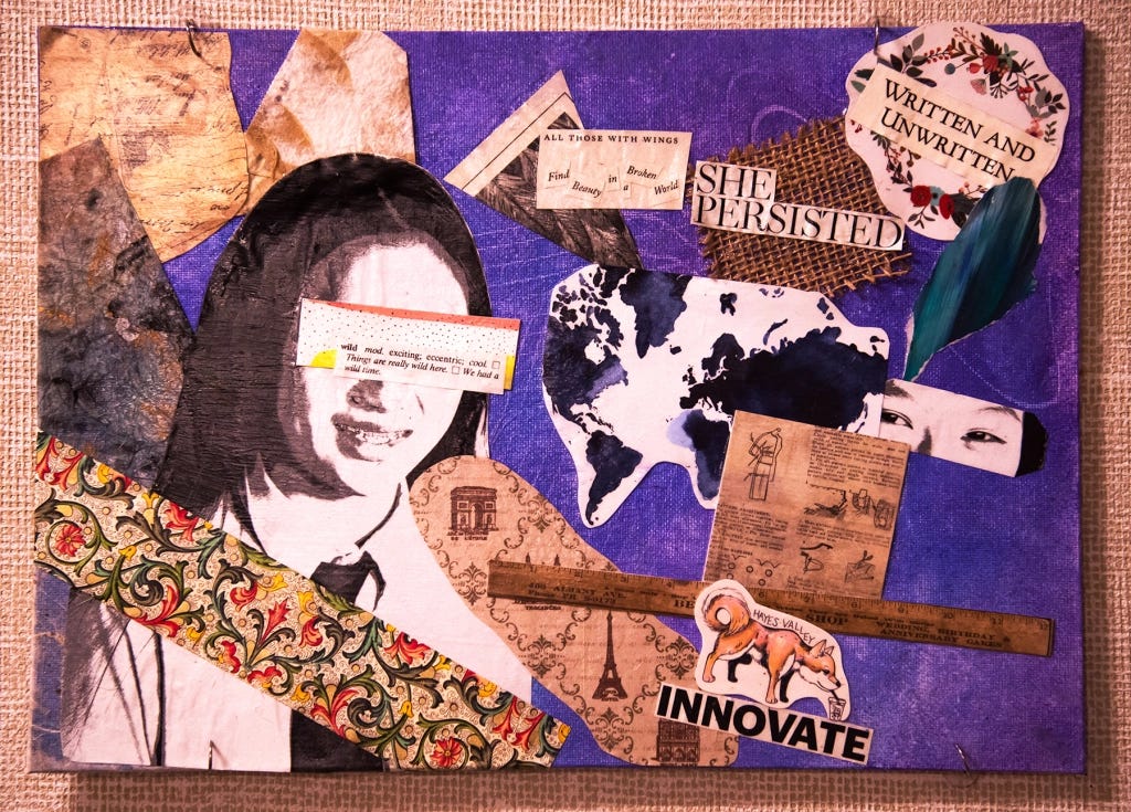 a mixed-media collage featuring various visual elements on a textured purple background. Central to the composition is a black-and-white stylized portrait of a person. 
