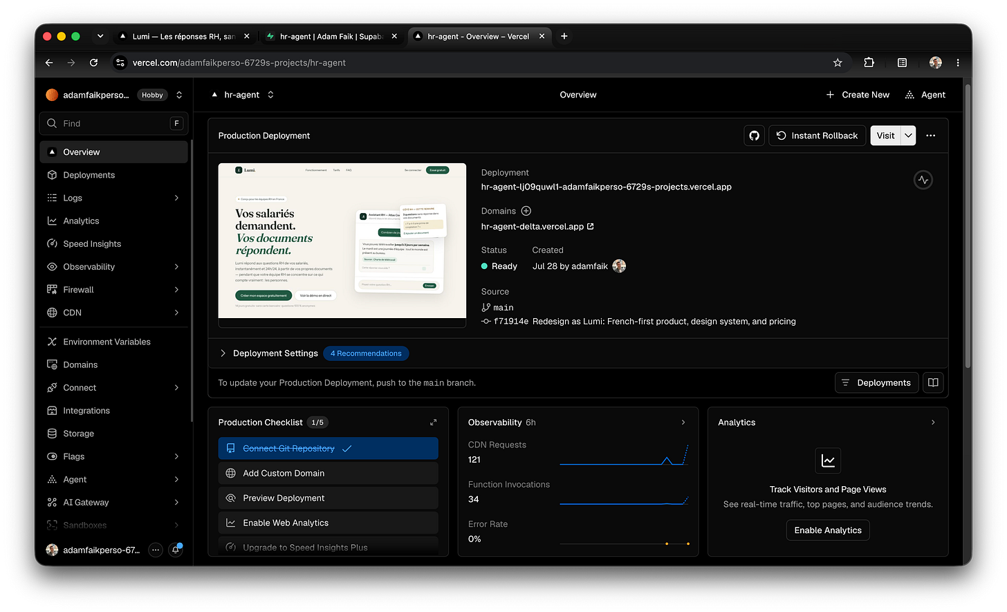 The Vercel project overview for hr-agent on the Hobby plan, showing the production deployment marked Ready, the domain hr-agent-delta.vercel.app, the source branch main with the commit "Redesign as Lumi", and the line "To update your Production Deployment, push to the main branch." The Vercel project overview for hr-agent on the Hobby plan, showing the production deployment marked Ready, the domain hr-agent-delta.vercel.app, the source branch main with the commit "Redesign as Lumi", and the line "To update your Production Deployment, push to the main branch."
