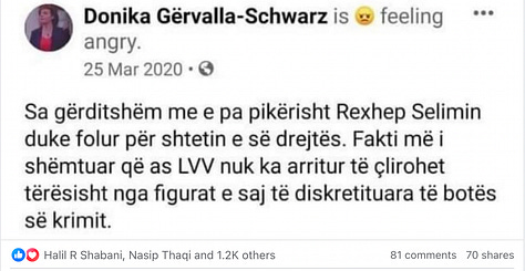 Postimi i Shqipe Mehmeti Selimit në Facebook më 20 Gusht, 2025.