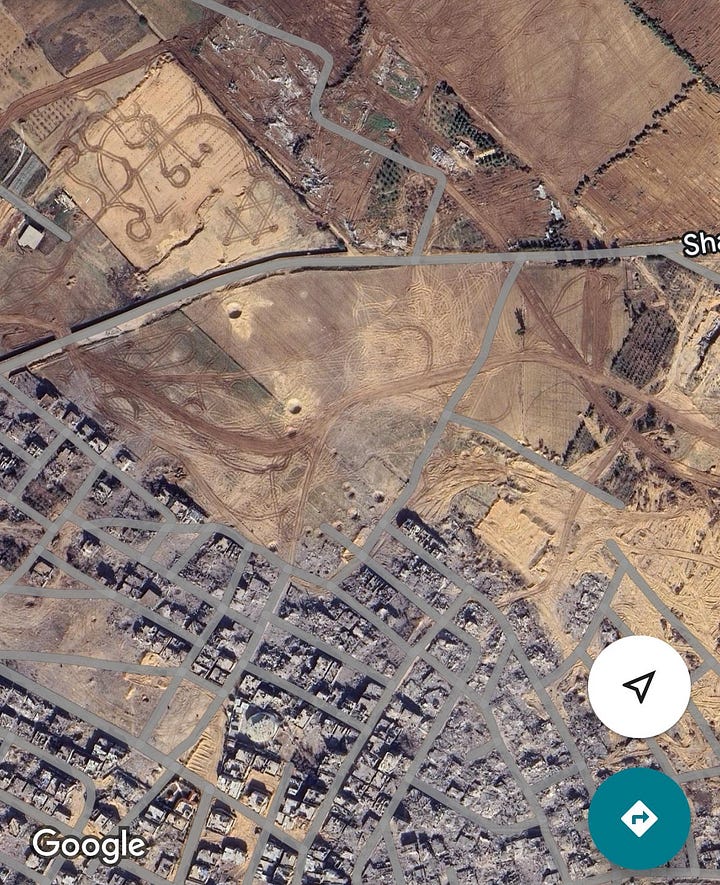 Satellite imagery captures an Israeli tank formation etching a vast Star of David into the rubble of Gaza. A symbol of conquest branded onto a wound, visible from orbit — spectacle by demolition, history turned into propaganda terrain.