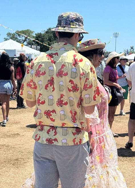Photos of food-themed clothing worn at the New Orleans Jazz Festival 2025