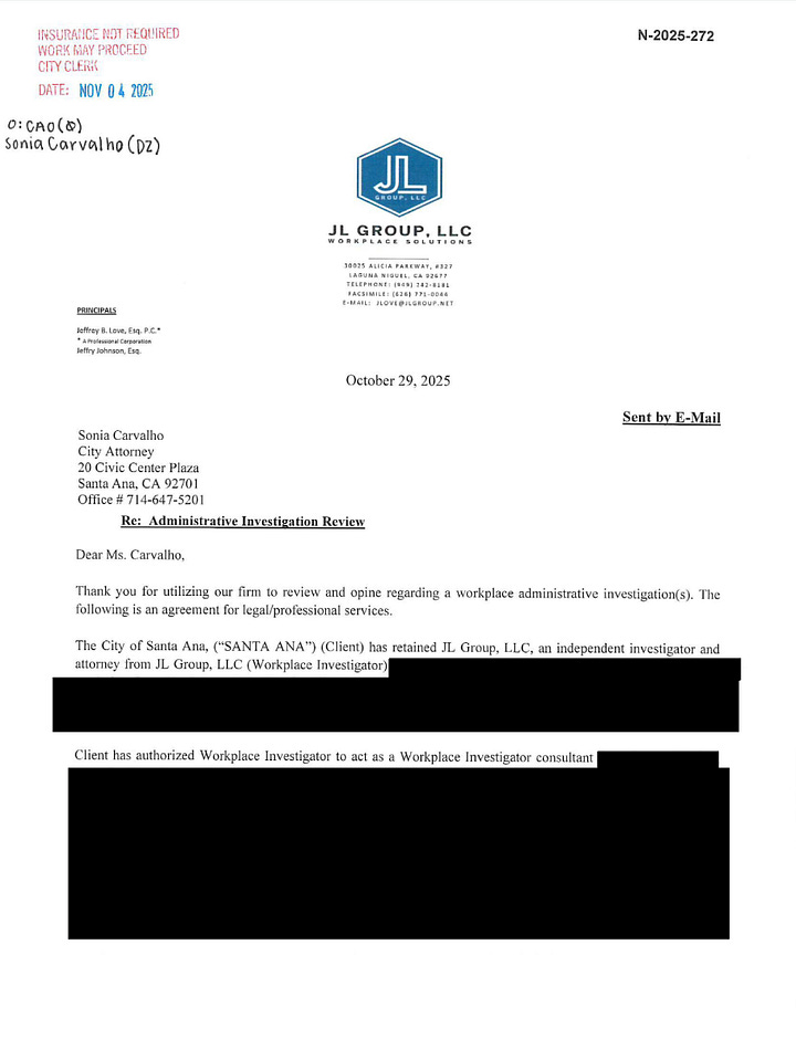 The redacted letter agreement between the city and JL Group. Credit: City of Santa Ana