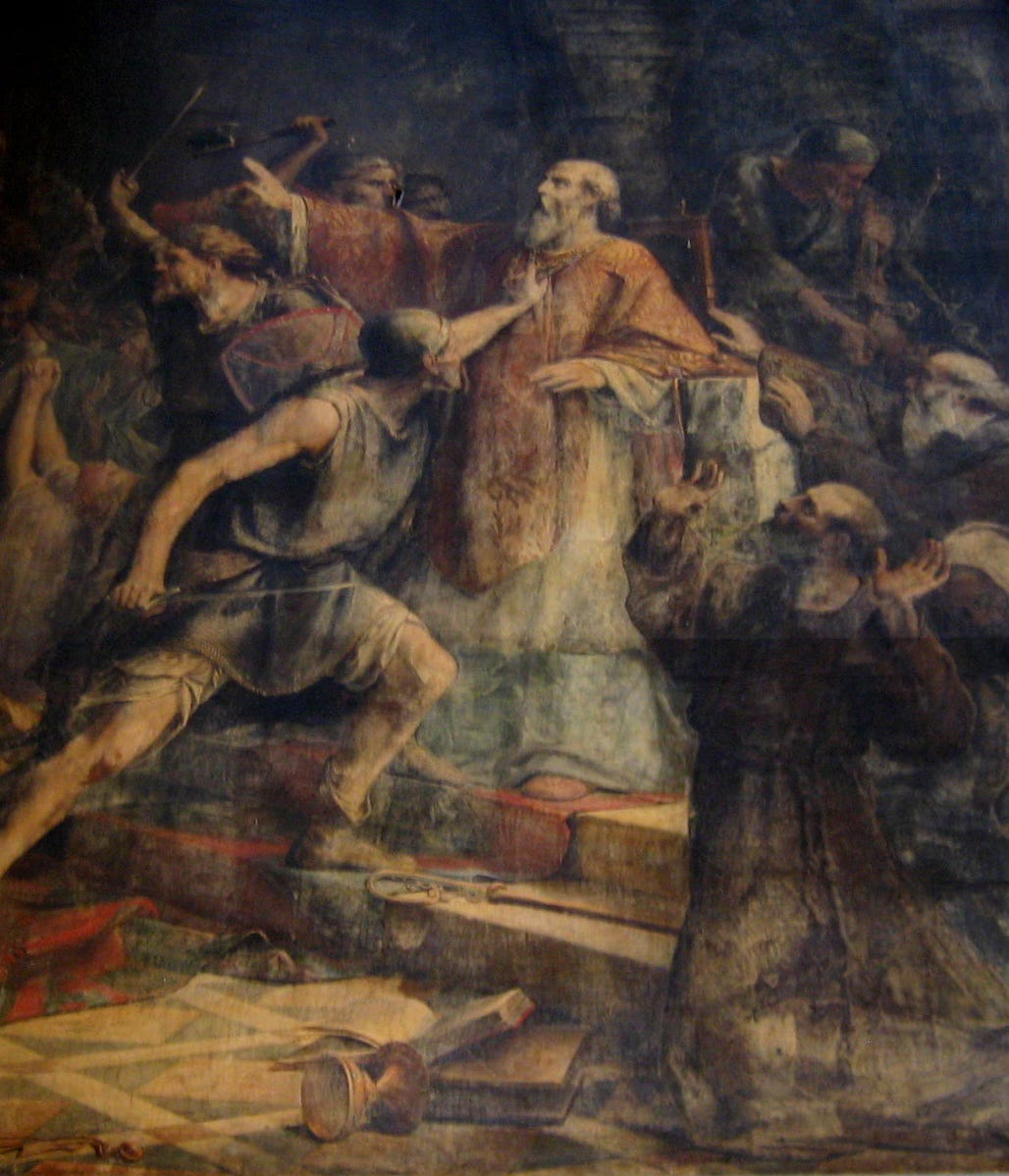 Bishop Gohard being slain by Hasting at the sack of Nantes, 843