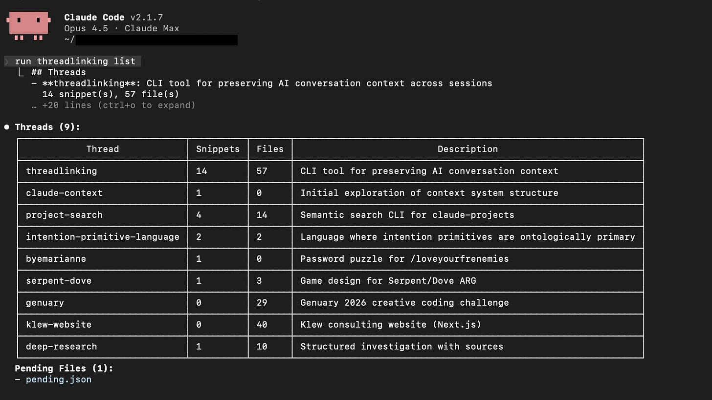 Threadlinking list output in Claude Code, showing threads with snippet counts, file counts, and descriptions in a table view