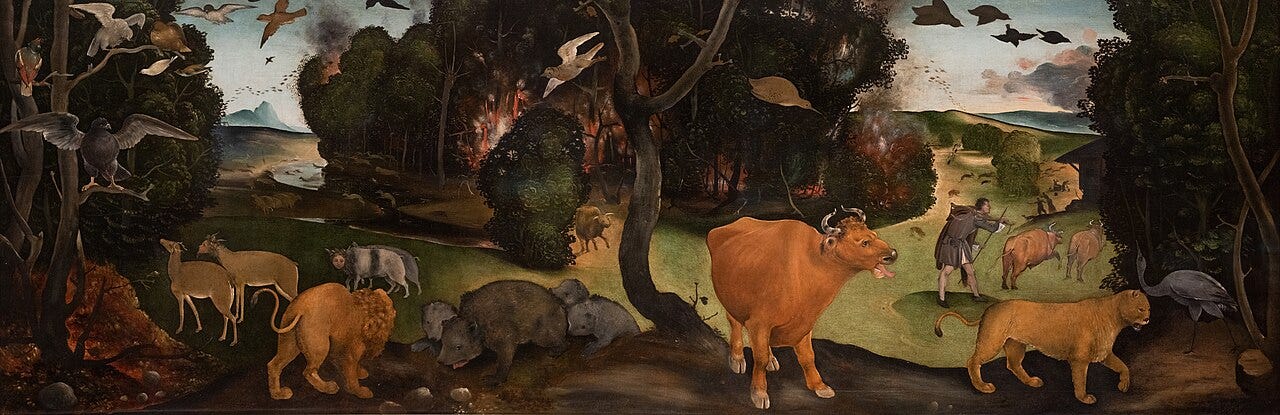 Animals bolting from a blaze at the edge of a wood Animals bolting from a blaze at the edge of a wood