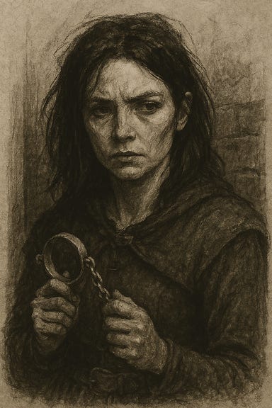 A charcoal sketch-style image of Zuleika Toranescu, visually based on actress Jessica Barden. She is depicted with a fierce, intense gaze and tousled shoulder-length hair, slightly wild and windswept. Her features are sharp and expressive, with high cheekbones, a strong jawline, and piercing eyes. She wears a rough, fur-lined cloak over simple leathers, hinting at her werewolf nature. Her posture is tense and alert, one hand resting on the hilt of a dagger at her belt. The background is minimal, with rough charcoal shading suggesting a forest edge or rocky terrain. The sketch style emphasizes bold lines, smudged shadows, and dramatic contrast. A charcoal sketch-style image of Zuleika Toranescu, visually based on actress Jessica Barden. She is depicted with a fierce, intense gaze and tousled shoulder-length hair, slightly wild and windswept. Her features are sharp and expressive, with high cheekbones, a strong jawline, and piercing eyes. She wears a rough, fur-lined cloak over simple leathers, hinting at her werewolf nature. Her posture is tense and alert, one hand resting on the hilt of a dagger at her belt. The background is minimal, with rough charcoal shading suggesting a forest edge or rocky terrain. The sketch style emphasizes bold lines, smudged shadows, and dramatic contrast.