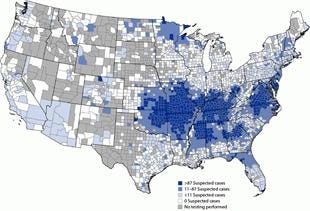 The figure is a map illustrating the geographic distribution of suspected alpha-gal syndrome cases per 1 million population per year in the United States during 2017–2022. The figure is a map illustrating the geographic distribution of suspected alpha-gal syndrome cases per 1 million population per year in the United States during 2017–2022.