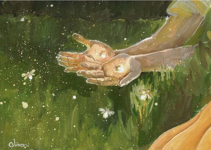 This may contain: a painting of two hands reaching out to each other in the grass with flowers around them