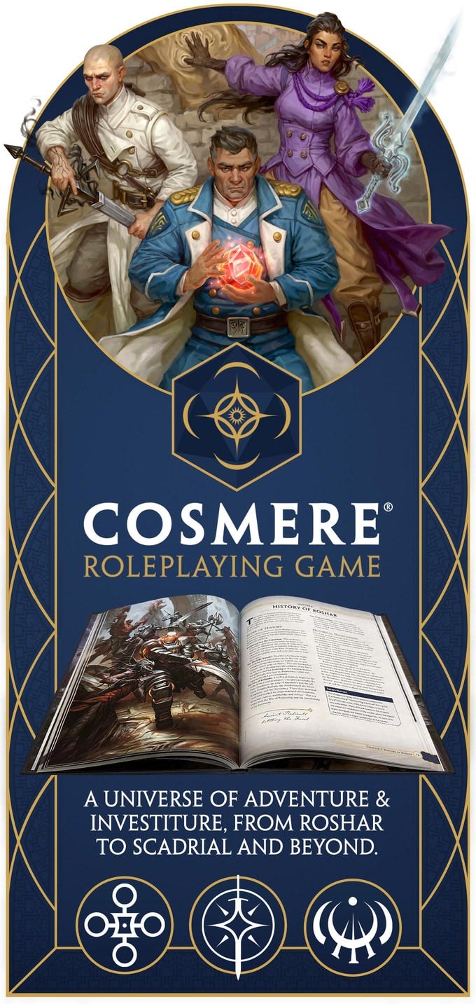 The page opens with imagery of Szeth, Dalinar, and Jasnah, a Cosmere symbol imposed over a 20-sided die, and the title COSMERE® ROLEPLAYING GAME. An open book shows an illustration by Petar Penev of Knights Radiant in Shardplate fighting Fused during one of the Desolations. The title of that two-page spread is "History of Roshar." Subtitle: A universe of adventure and investiture, from Roshar to Scadrial and beyond. Symbols for Elantris, Stormlight, and Scadrial. The page opens with imagery of Szeth, Dalinar, and Jasnah, a Cosmere symbol imposed over a 20-sided die, and the title COSMERE® ROLEPLAYING GAME. An open book shows an illustration by Petar Penev of Knights Radiant in Shardplate fighting Fused during one of the Desolations. The title of that two-page spread is "History of Roshar." Subtitle: A universe of adventure and investiture, from Roshar to Scadrial and beyond. Symbols for Elantris, Stormlight, and Scadrial.
