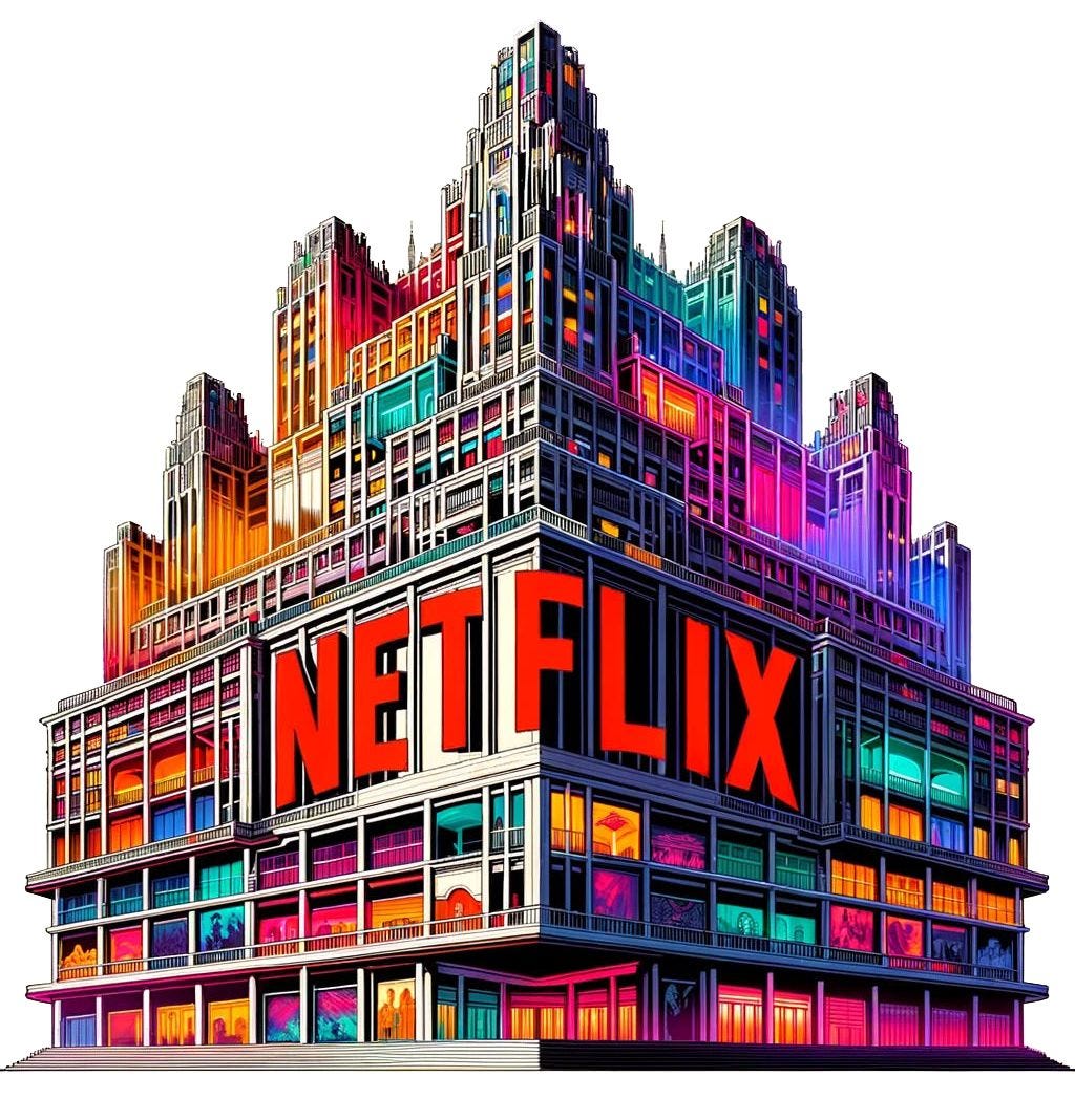 A futuristic looking graphic image of a skyscraper / mall with the Netflix logo emblazoned on the side.