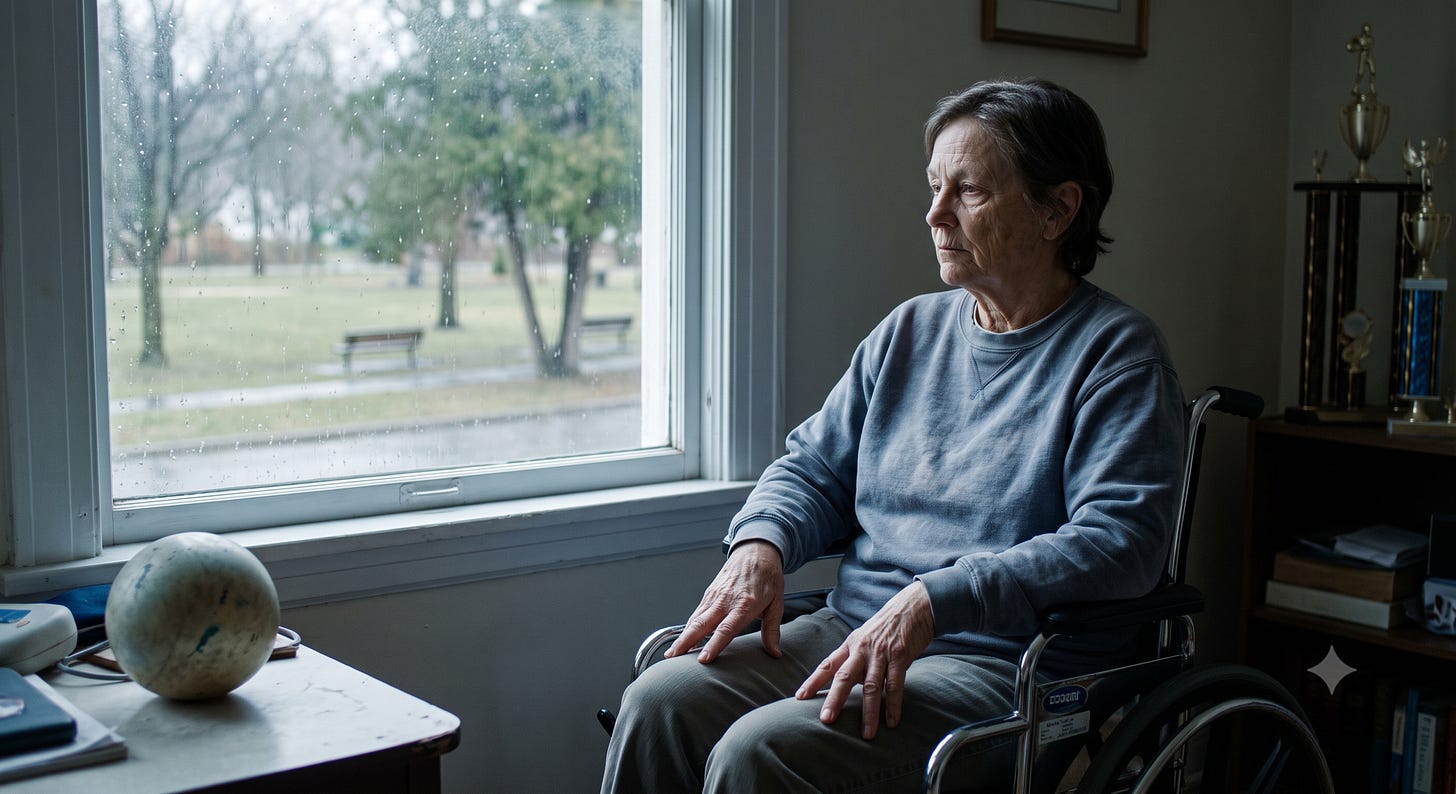 An older woman in a wheelchair sits alone in a dim room, gazing out a rain-streaked window at an empty park. An older woman in a wheelchair sits alone in a dim room, gazing out a rain-streaked window at an empty park.