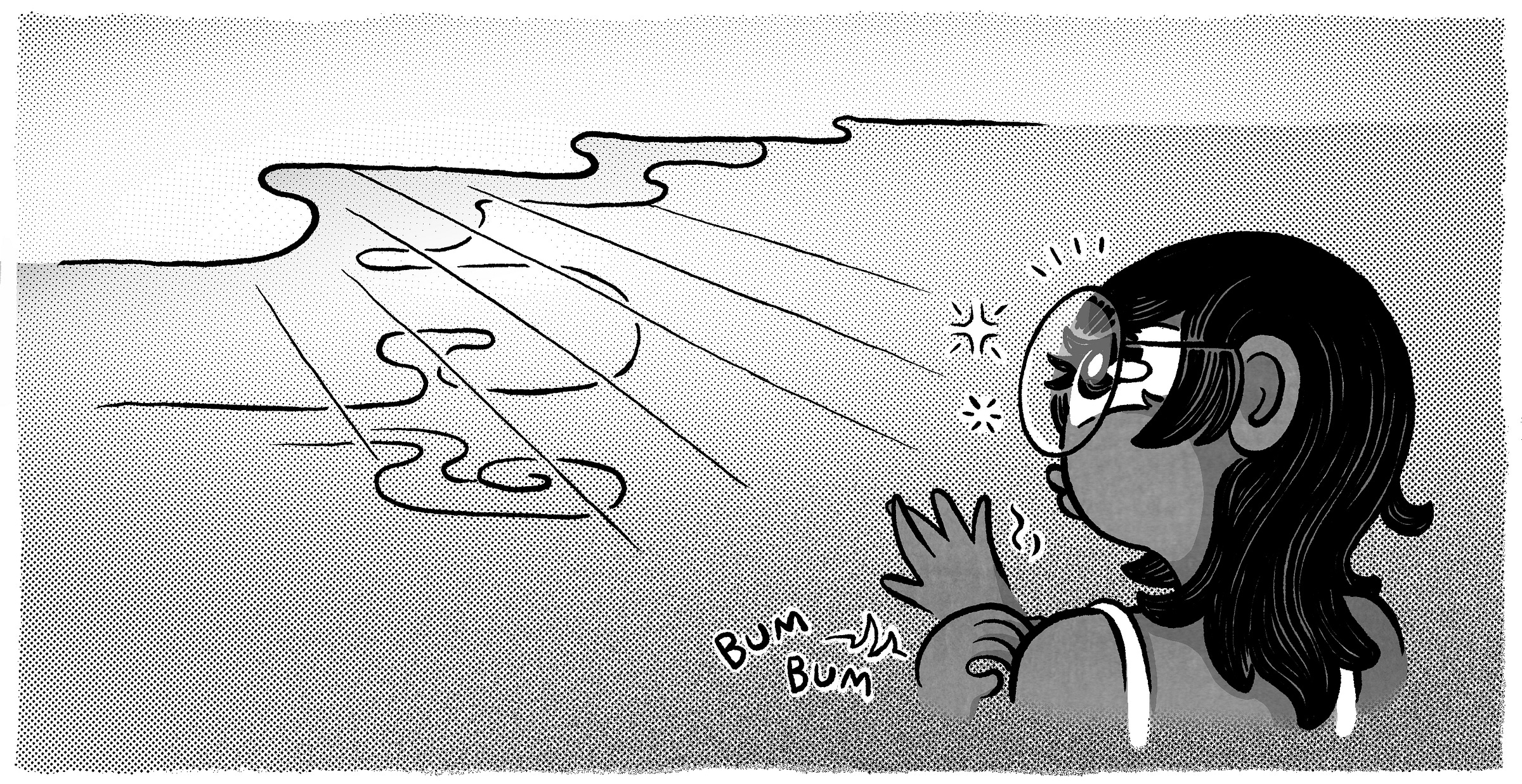The woman stands at the edge of a beach or shoreline at sunrise, staring toward glowing clouds and rays of light. She presses her hands together while her heart pounds with a “bum bum” sound effect.