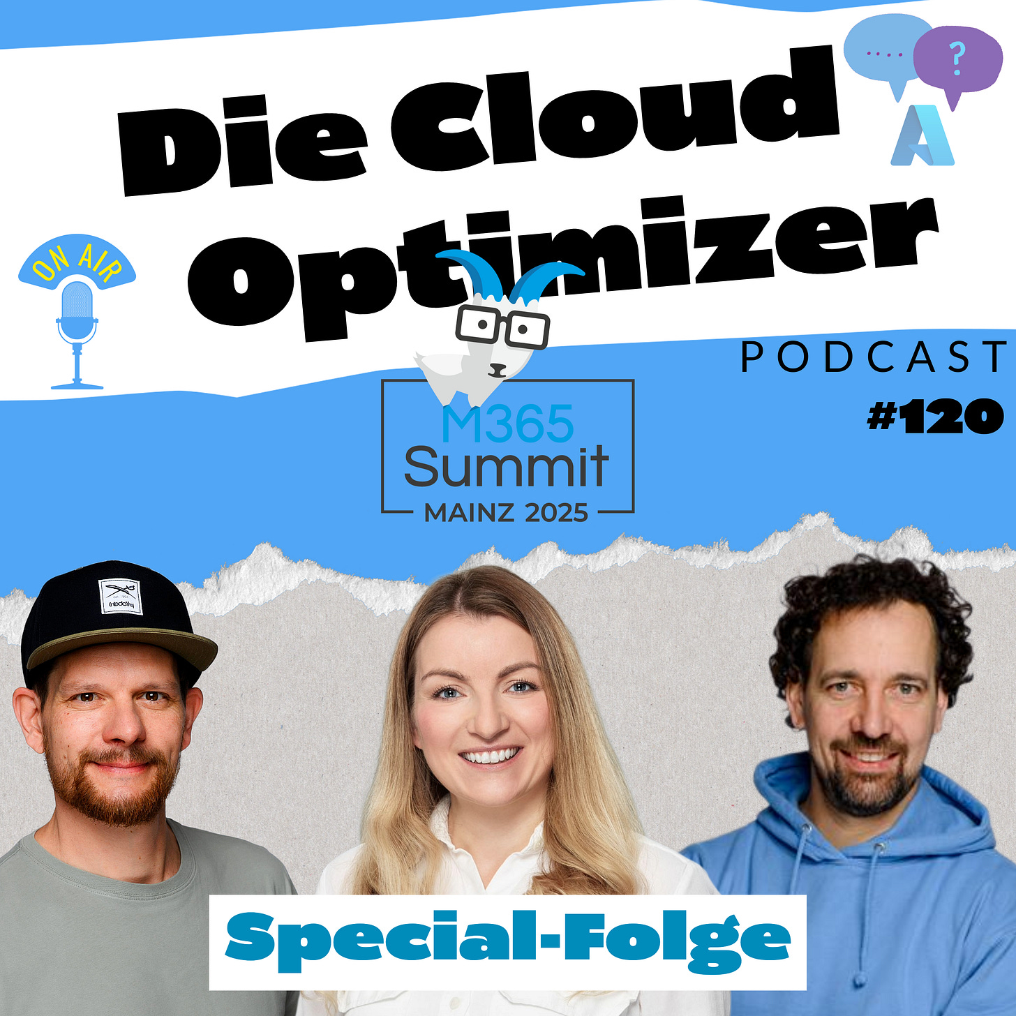 Podcastcover „Die Cloud Optimizer“ – in der Mitte Tanja Wiehoff (Microsoft MVP für Copilot), links Matthias (mit Cap, Moderator auf der M365 Summit), rechts Christian (im Hoody, Azure-Experte).