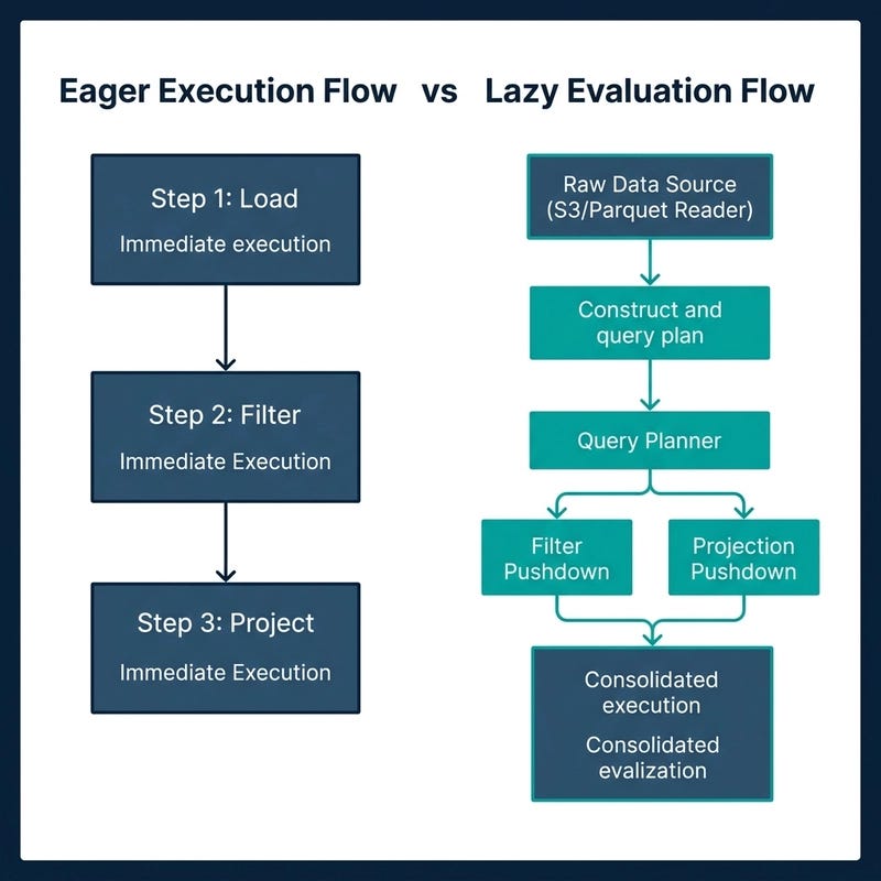 Polars query planning diagram showing Eager sequential execution vs Lazy DAG optimization pathways with projection and predicate pushdowns