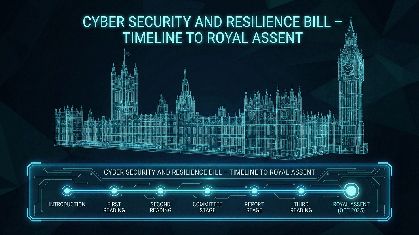 Digital wireframe of a UK government building with a timeline showing the progression of the Cyber Security and Resilience Bill
