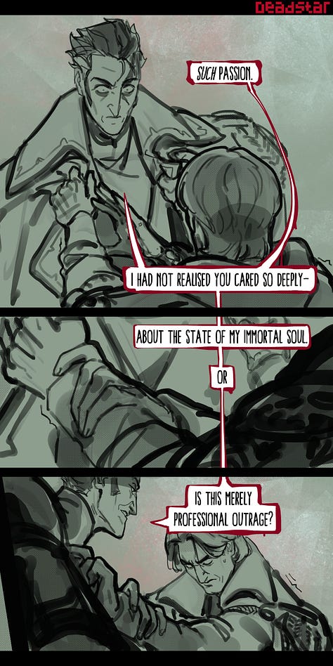 Here's how that dynamic plays out visually when Saren faces genuine concern from a subordinate, using Heinrix from the Owlcat CRPG