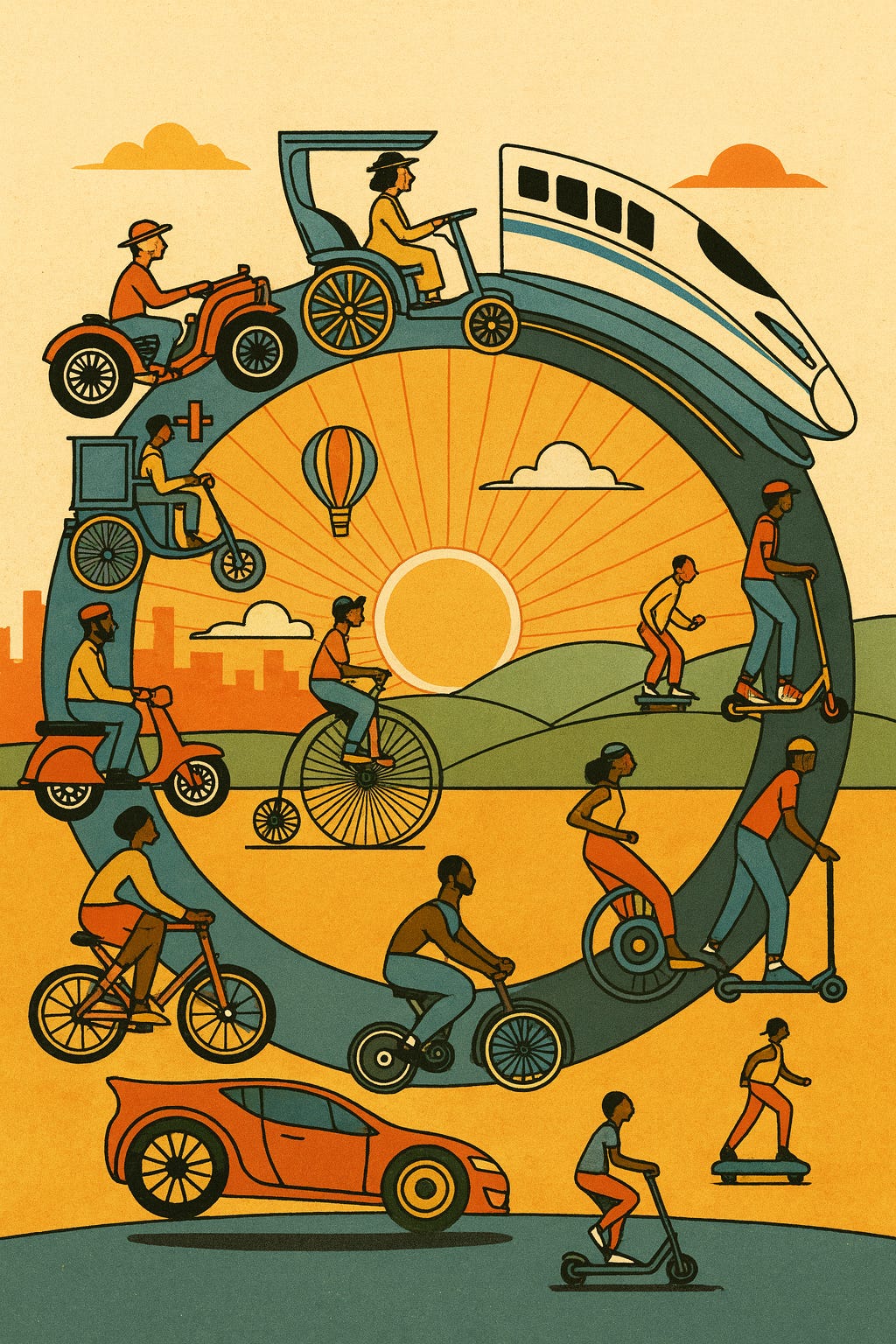 Illustration depicting a circular timeline of transportation methods arranged in a loop. Starting from the bottom left and moving clockwise, the vehicles and modes include: a modern car, a unicycle rider, a bicycle rider, a penny-farthing rider, a person on a scooter, a skateboarder, another scooter rider, a high-speed train, a rickshaw, a vintage car, an early motorbike, and a horse-drawn carriage. A hot air balloon, clouds, sun, and landscape are in the background, with city buildings silhouetted on the left side. The style is flat and stylized with warm colors.