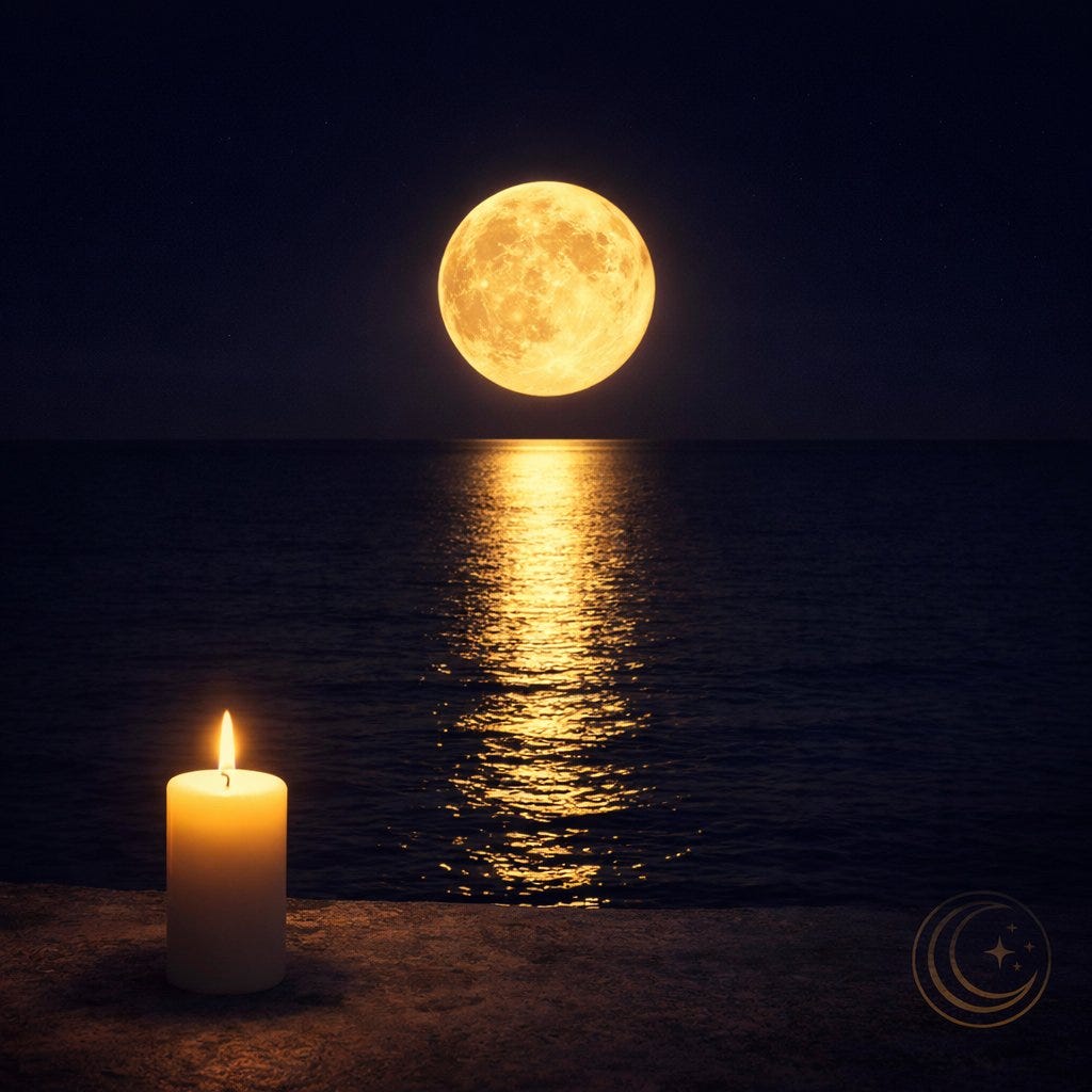 MoonInMental aromatherapy image for April 12-18 2026 Libra Full Moon and Mercury in Aries. A full moon reflected in still dark water with a candle flame catching light representing emotional release and the return of clear communication.