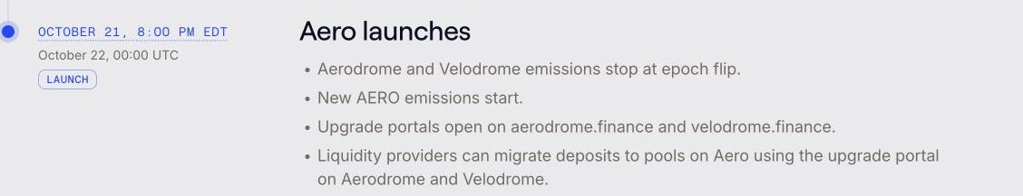 Official Aero timeline showing October 22 00:00 UTC planned launch and legacy emissions stopping. Official Aero timeline showing October 22 00:00 UTC planned launch and legacy emissions stopping.