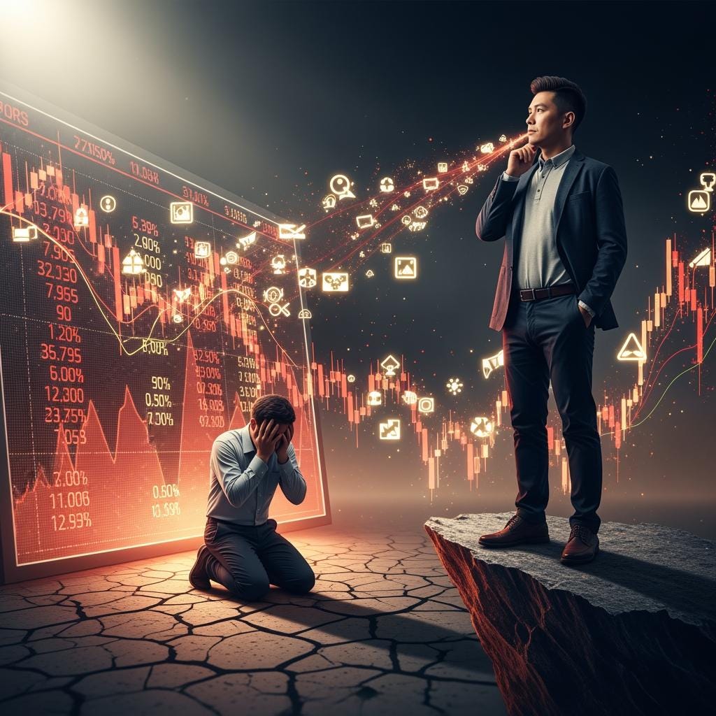 An epic surreal symbolic artwork. In the center a board showing stock prices going down. In front of the board a panicked figure is kneeling overwhelmed by the red data. Behind him a calm 40-year-old Chinese investor in smart casual attire s_image_1