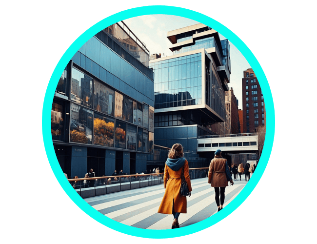 "Modern urban scene enclosed in a circular frame with a turquoise border, featuring a pedestrian walkway between sleek glass buildings. Two individuals, one in a bright orange coat and the other in a dark coat, walk away from the camera. The architecture reflects a contemporary cityscape with large windows and clean lines."