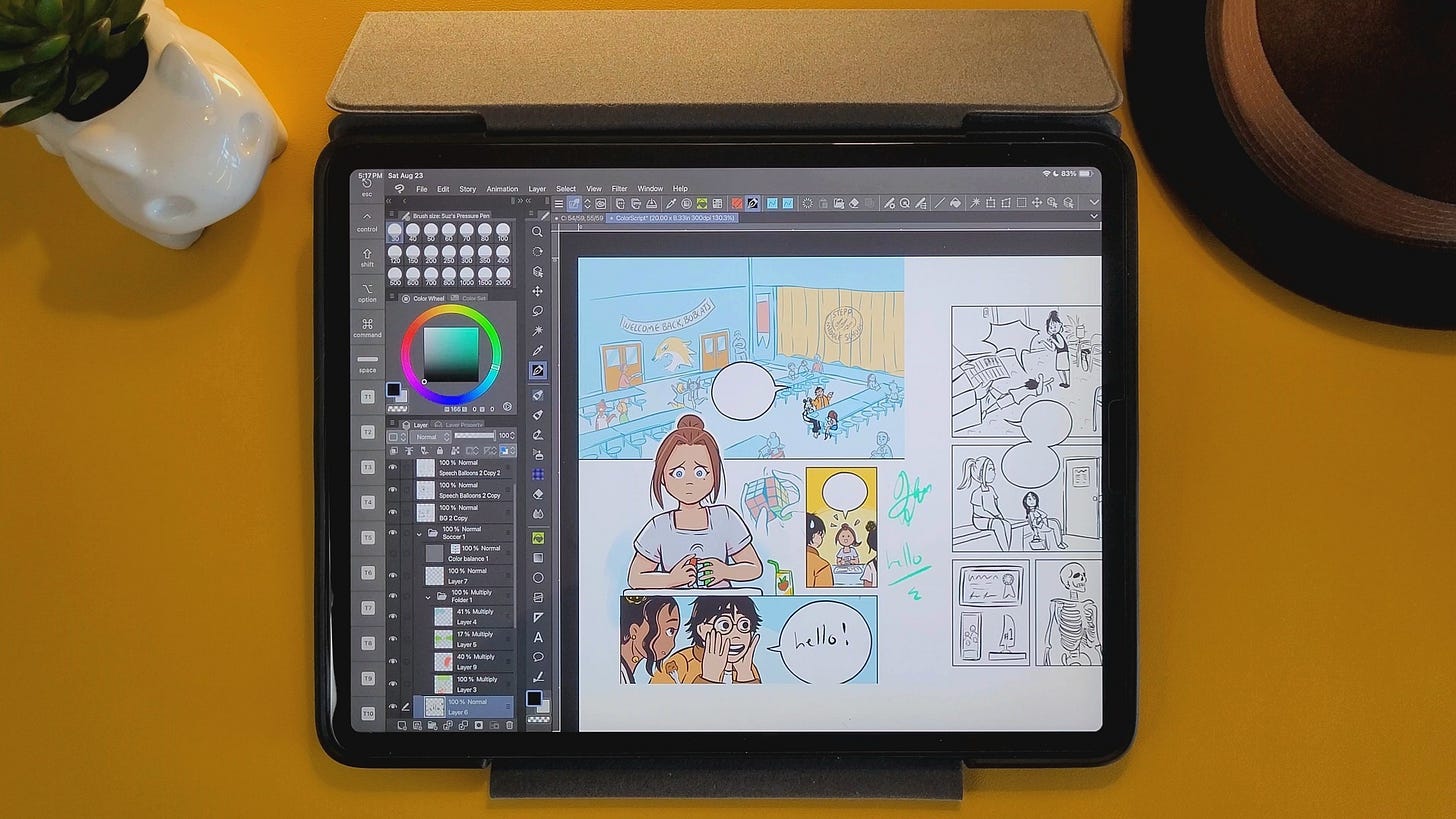 Clip Studio Paint Ipad setup on a yellow background with a hat and planter in the top corners Clip Studio Paint Ipad setup on a yellow background with a hat and planter in the top corners