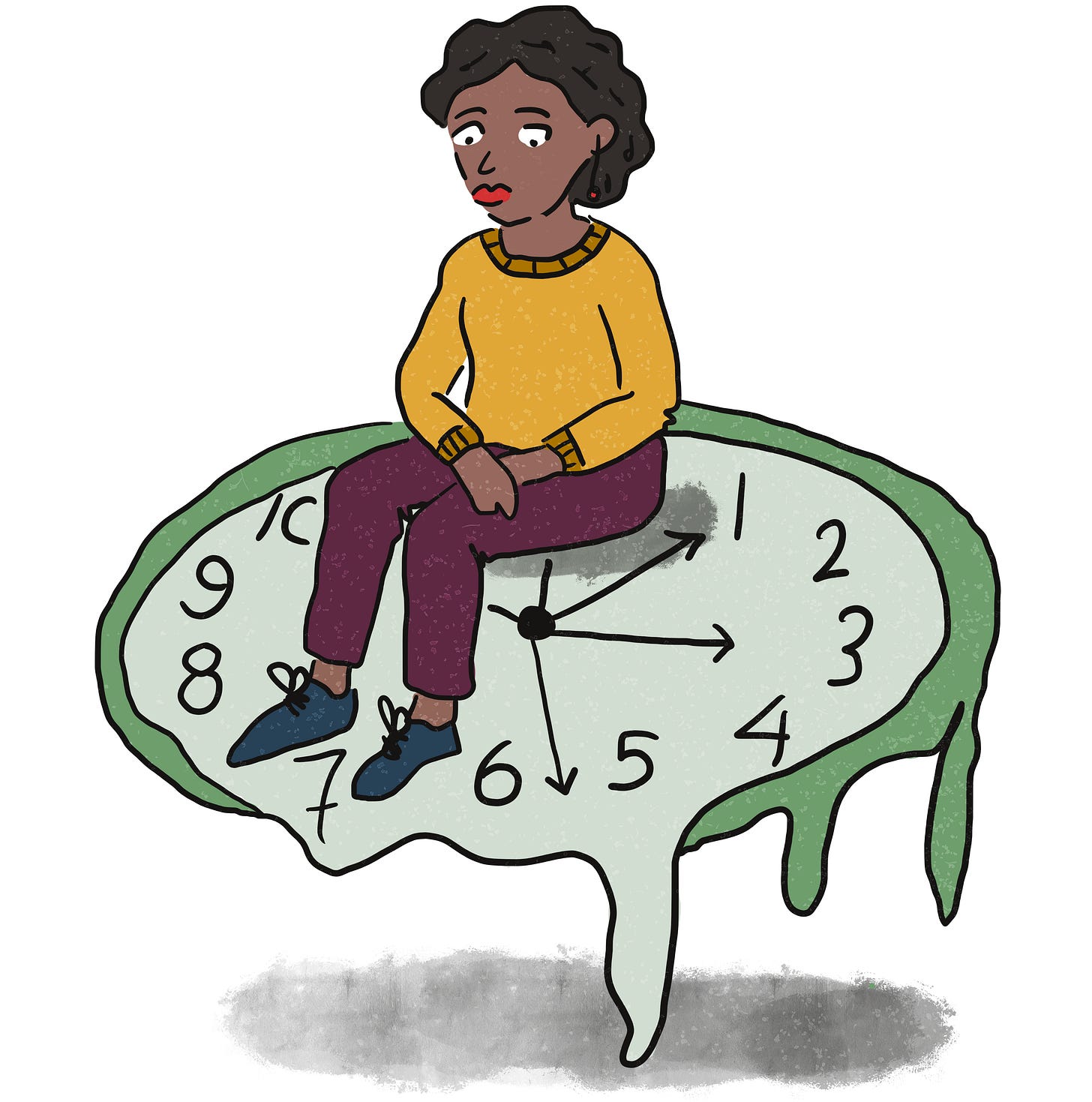 Cartoon woman sits on a melting clock