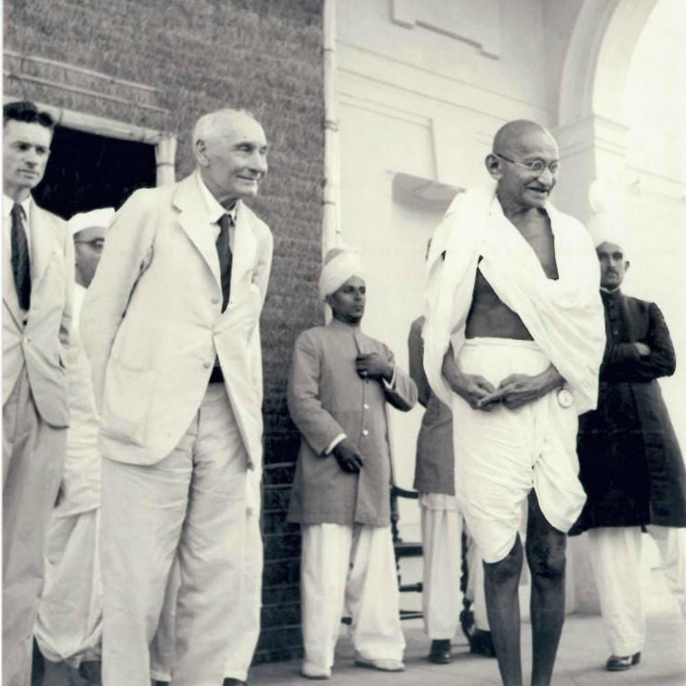 Mahatma Gandhi with British politician Lord Frederick William Pethick-Lawrence, 1946. The source of the portrait of Mahatma Gandhi on Indian banknotes. Mahatma Gandhi with British politician Lord Frederick William Pethick-Lawrence, 1946. The source of the portrait of Mahatma Gandhi on Indian banknotes.