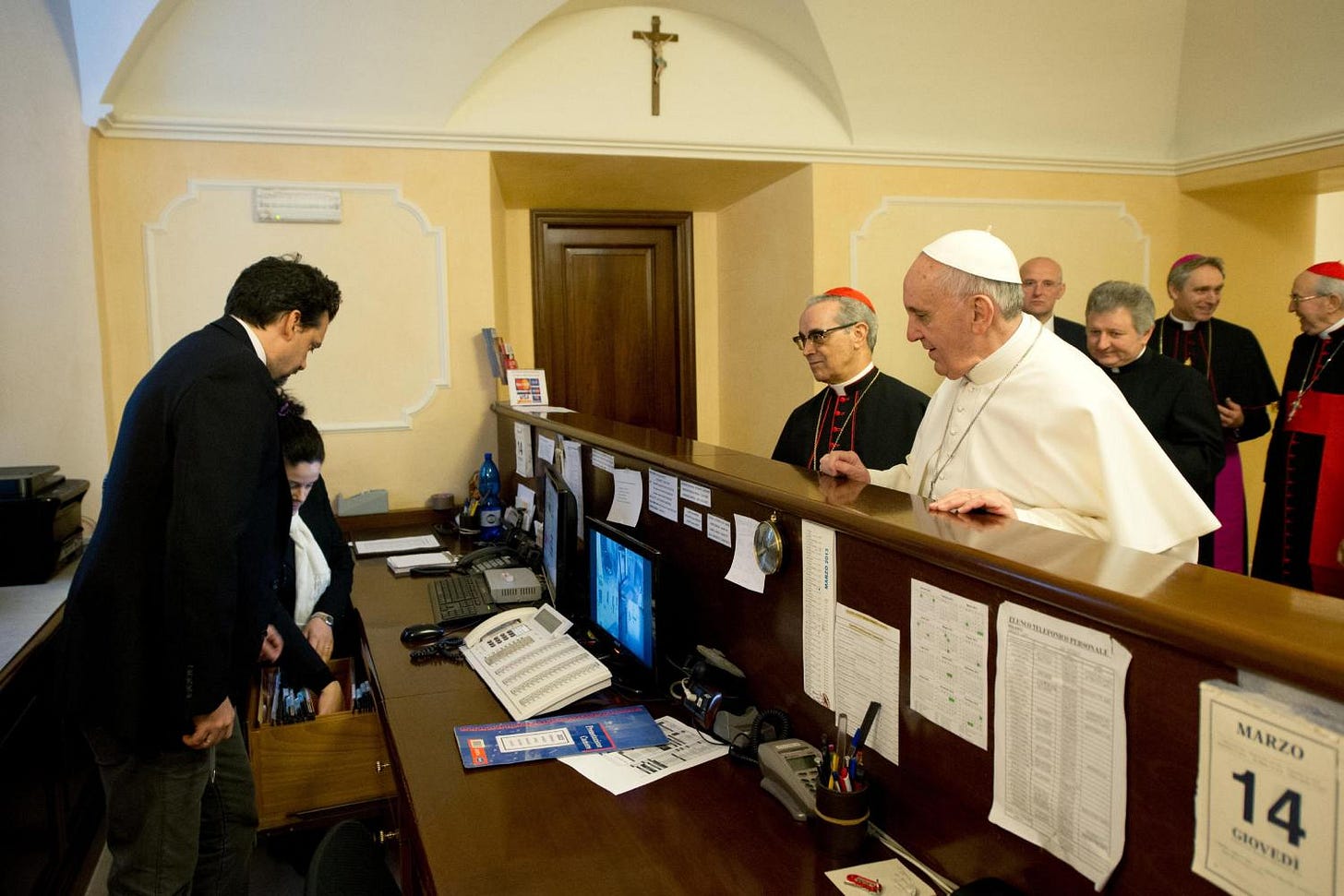Newly elected Pope Francis I, Cardinal Jorge Mario Bergoglio of Argentina, checks out of the church-run residence where he had been staying in Rome on March 14, 2013. 