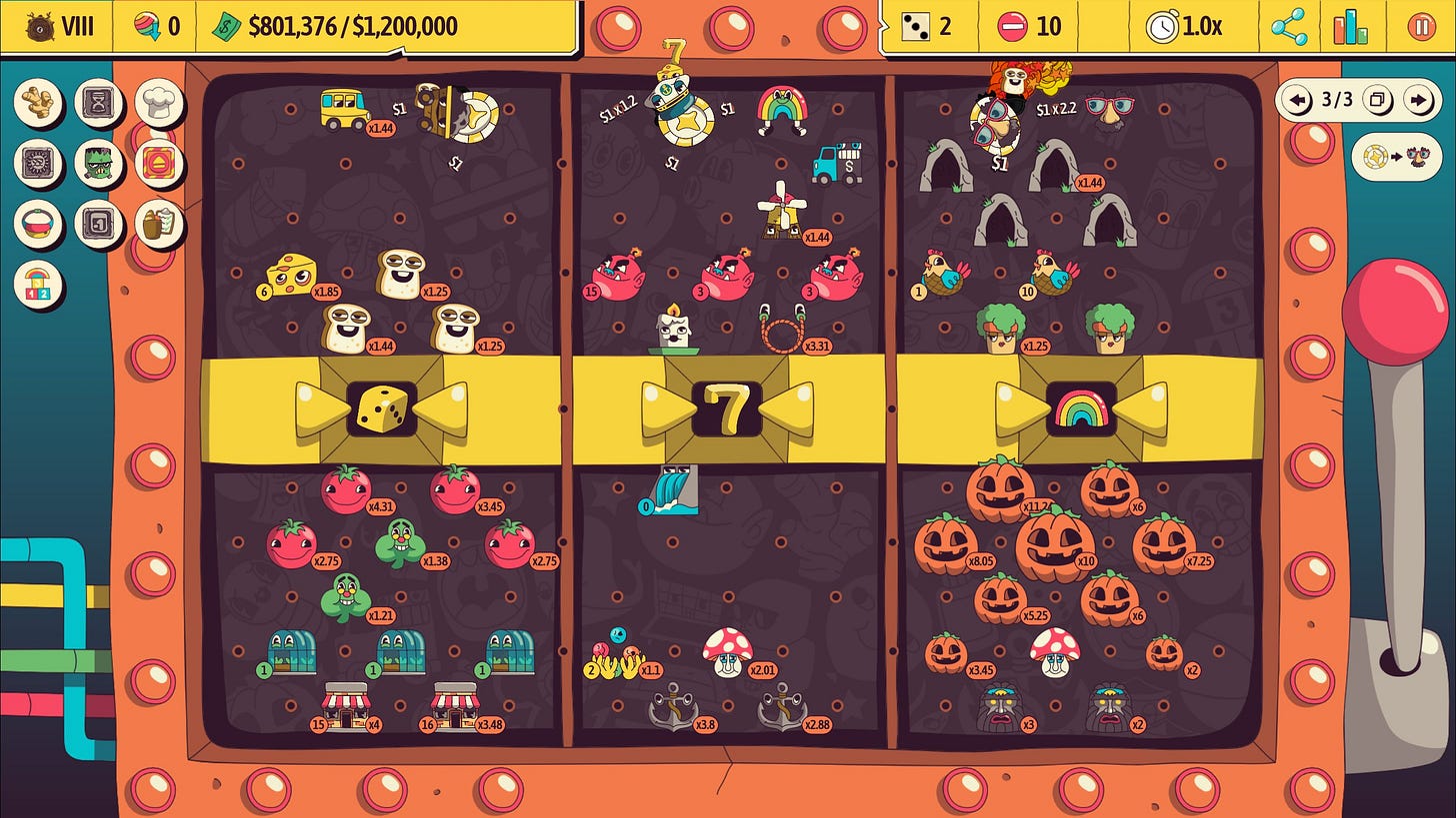 Gameplay of the Slot Machine board, featuring Carryables, Bomb Goblins, Anchors, Pumpkins.