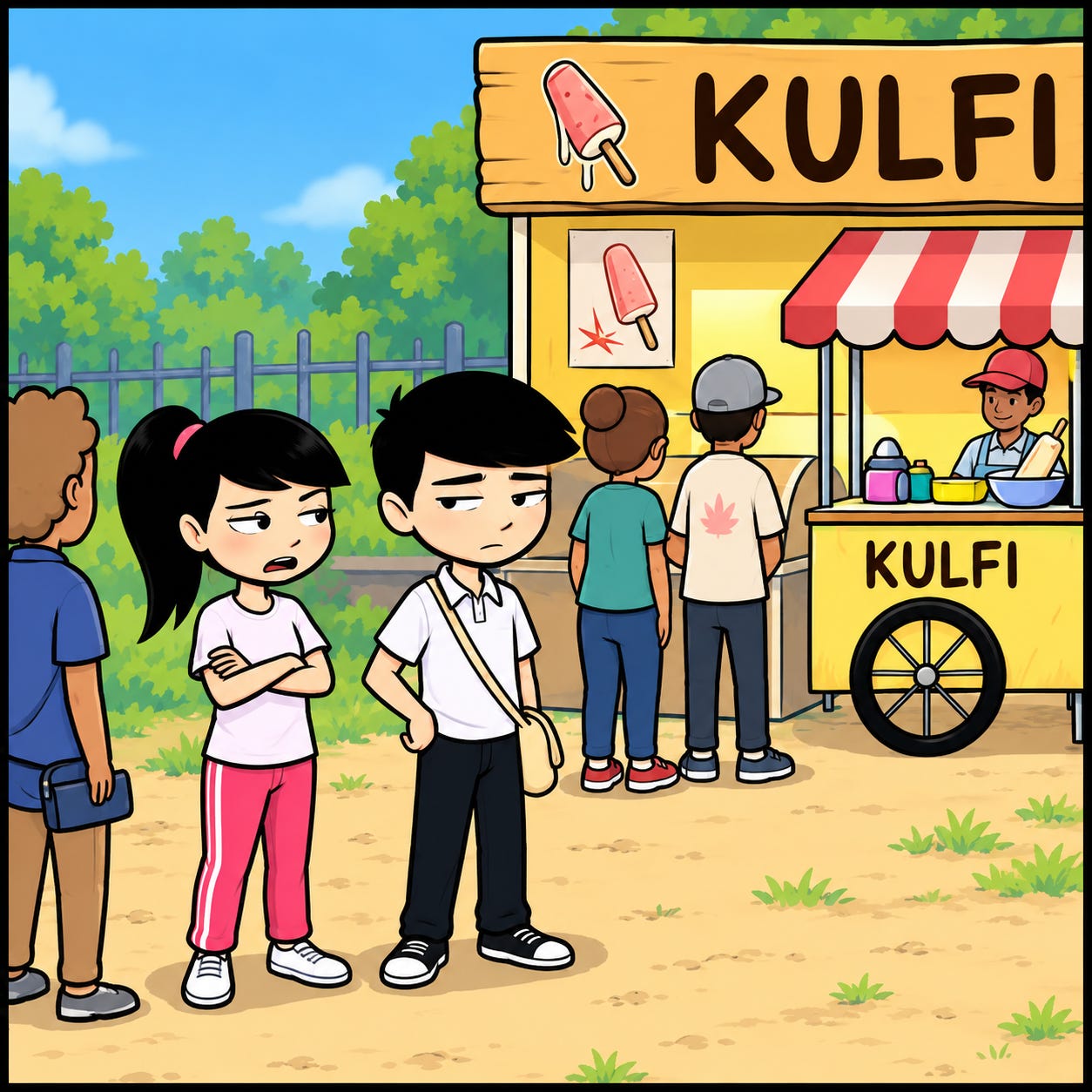 Zara and Jay wait in a long line for kulfi.