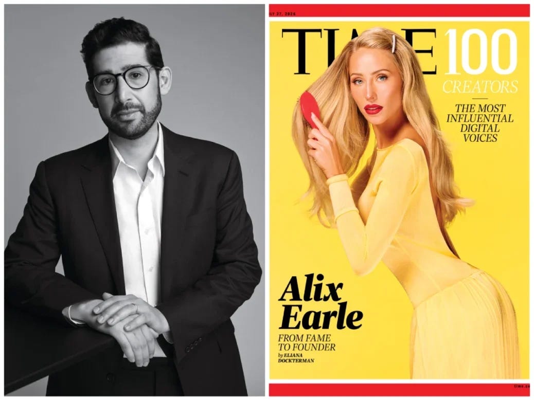 Time editor-in-chief Sam Jacobs headshot (left) and 2026 TIME100 Creators issue cover with Alix Earle dressed in yellow bodysuit (right)
