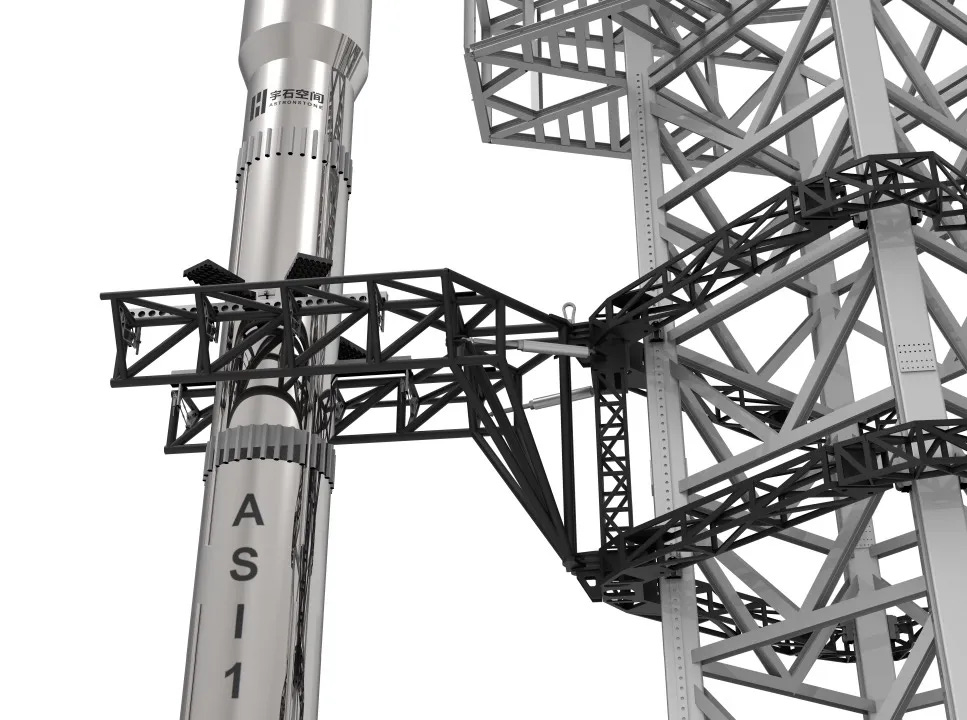 A render of Astronstone’s launch vehicle between two catch arms.