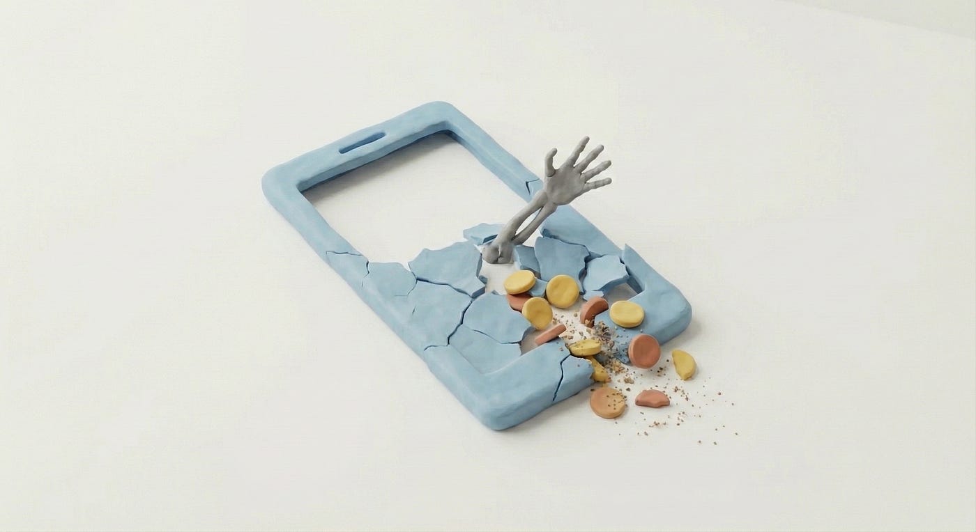 A clay sculpture of a blue smartphone shattering, with a grey hand reaching out from the cracks and gold coins spilling onto the surface, symbolizing the financial collapse of “thin wrapper” applications.